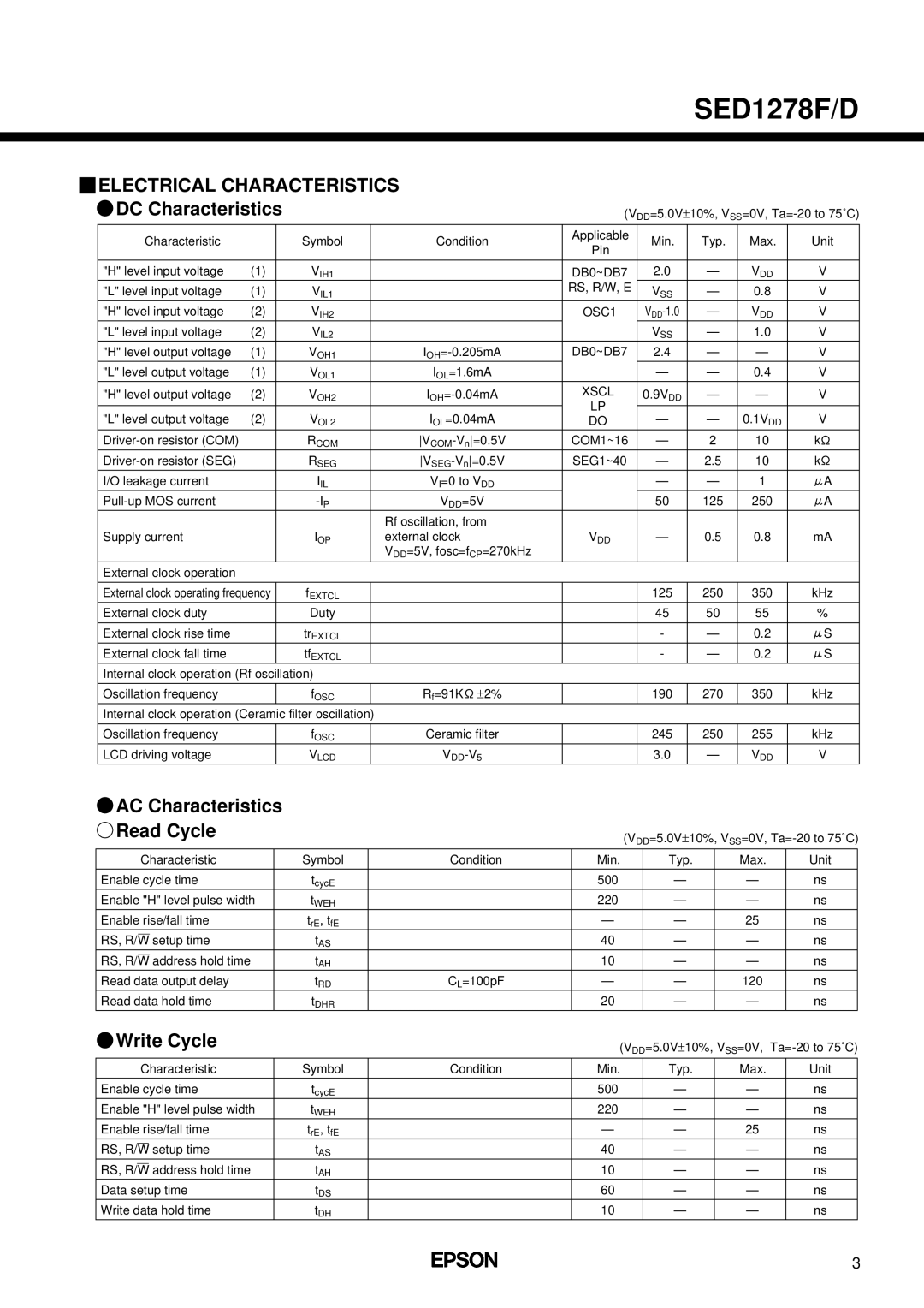 Epson SED1278F/D manual AC Characteristics Read Cycle, Write Cycle 