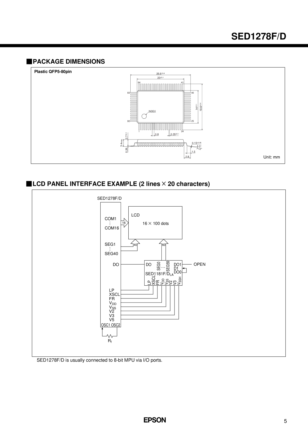 Epson SED1278F/D manual Package Dimensions, LCD Panel Interface Example 2 lines Characters 