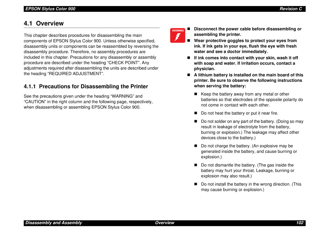 Epson SEIJ98006 manual Overview, Precautions for Disassembling the Printer 