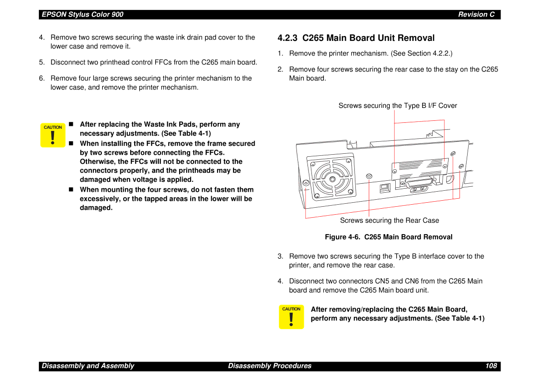 Epson SEIJ98006 manual 3 C265 Main Board Unit Removal, After replacing the Waste Ink Pads, perform any 