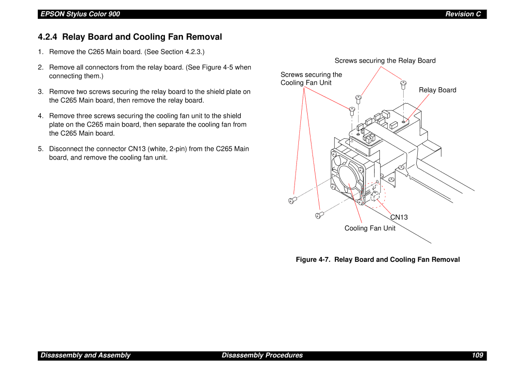 Epson SEIJ98006 manual Relay Board and Cooling Fan Removal 