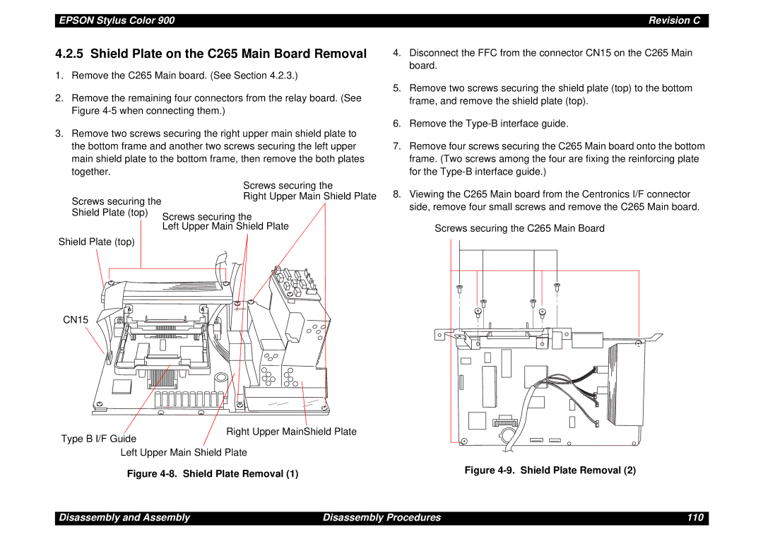 Epson SEIJ98006 manual Shield Plate on the C265 Main Board Removal, Shield Plate Removal 