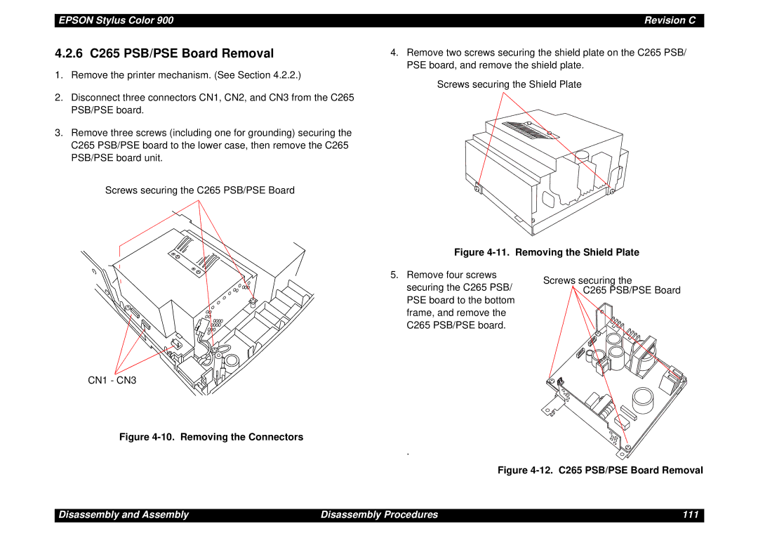 Epson SEIJ98006 manual 6 C265 PSB/PSE Board Removal, Removing the Shield Plate 