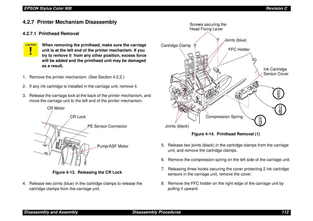 Epson SEIJ98006 manual Printer Mechanism Disassembly, Printhead Removal 