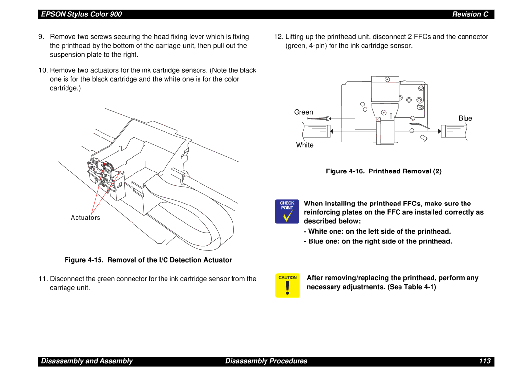 Epson SEIJ98006 manual Disassembly and Assembly Disassembly Procedures 113 