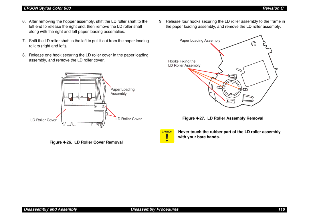 Epson SEIJ98006 manual Disassembly and Assembly Disassembly Procedures 118 