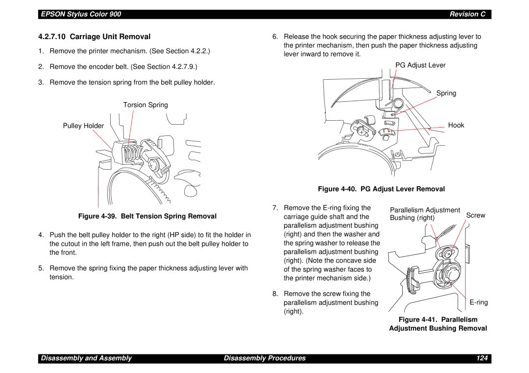 Epson SEIJ98006 manual Carriage Unit Removal, PG Adjust Lever Removal 