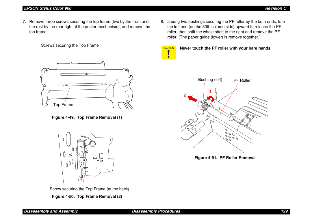 Epson SEIJ98006 manual Top Frame Removal, PF Roller Removal 