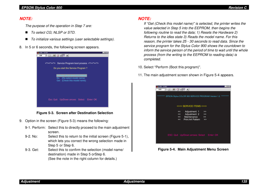 Epson SEIJ98006 manual Adjustment Adjustments 135 