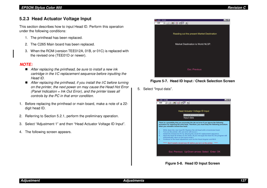 Epson SEIJ98006 manual Head Actuator Voltage Input, Head ID Input / Check Selection Screen 