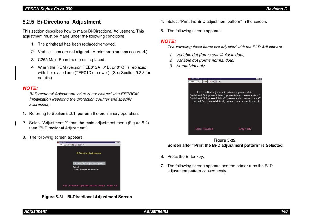 Epson SEIJ98006 manual Bi-Directional Adjustment, Screen after Print the Bi-D adjustment pattern is Selected 