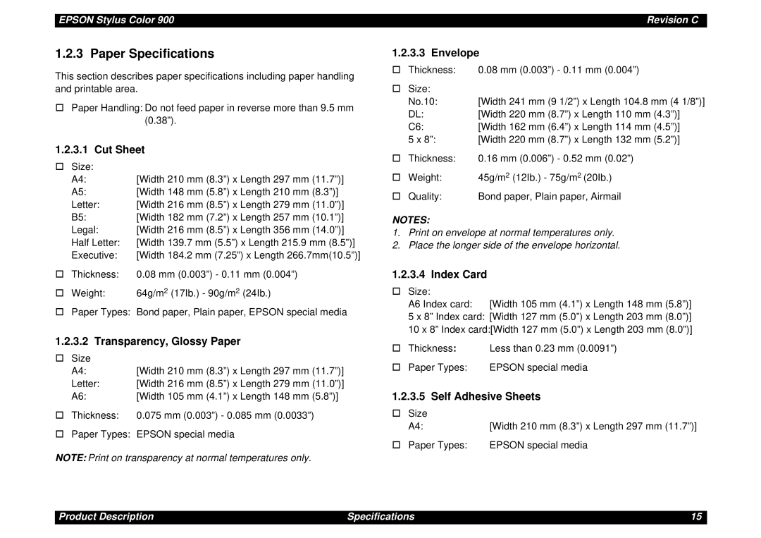 Epson SEIJ98006 manual Paper Specifications 