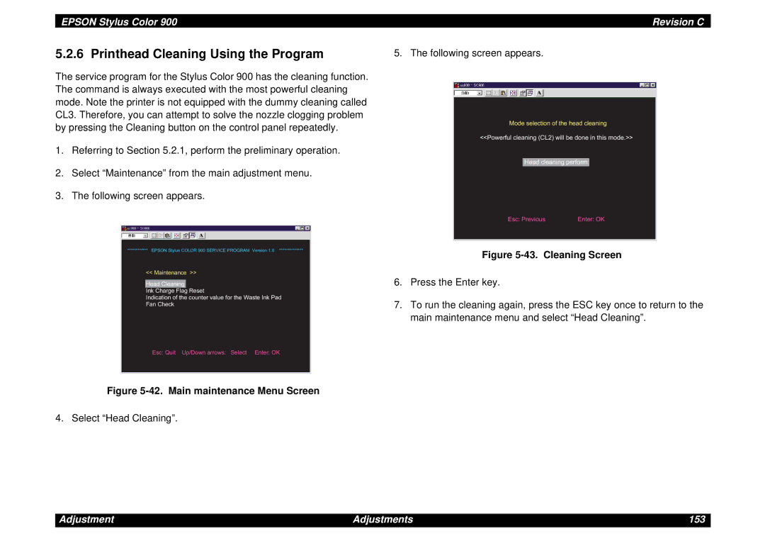 Epson SEIJ98006 manual Printhead Cleaning Using the Program, Cleaning Screen 