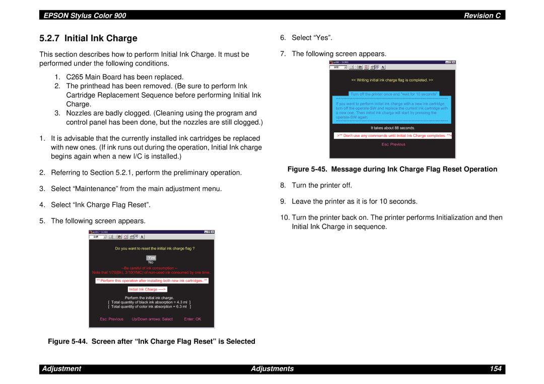 Epson SEIJ98006 manual Initial Ink Charge, Message during Ink Charge Flag Reset Operation 