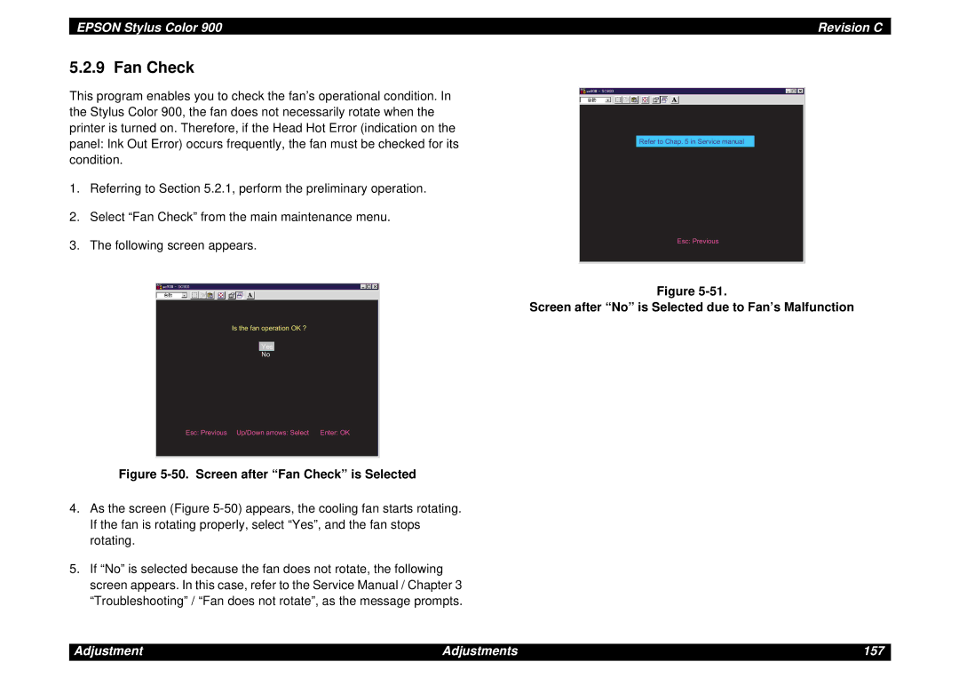 Epson SEIJ98006 manual Fan Check, Screen after No is Selected due to Fan’s Malfunction 