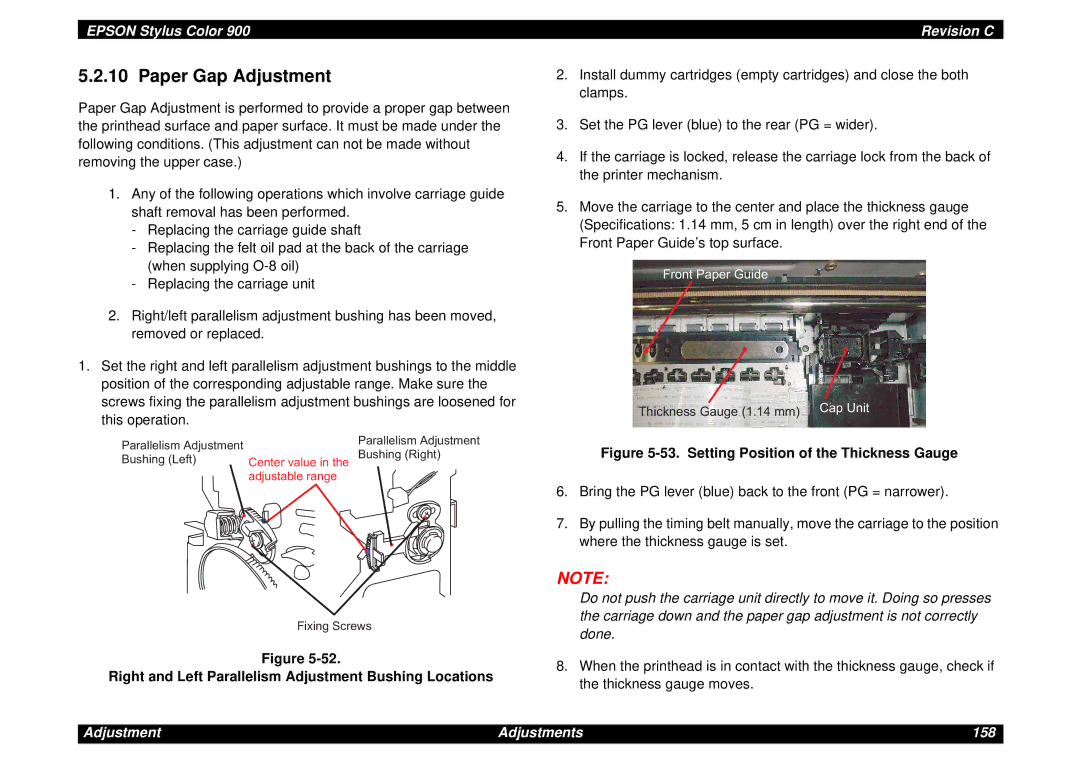 Epson SEIJ98006 manual Paper Gap Adjustment, Right and Left Parallelism Adjustment Bushing Locations 