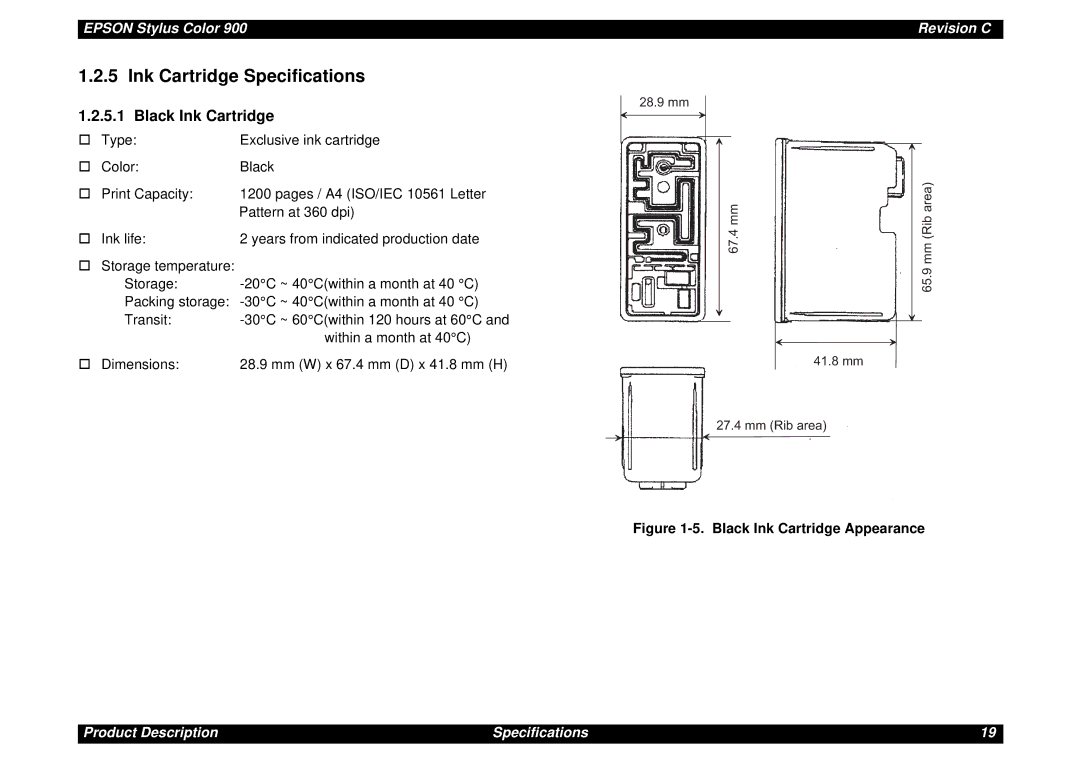 Epson SEIJ98006 manual Ink Cartridge Specifications, Black Ink Cartridge 