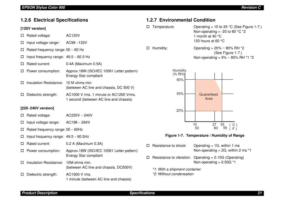 Epson SEIJ98006 manual Electrical Specifications, Environmental Condition, 120V version, 220∼240V version 