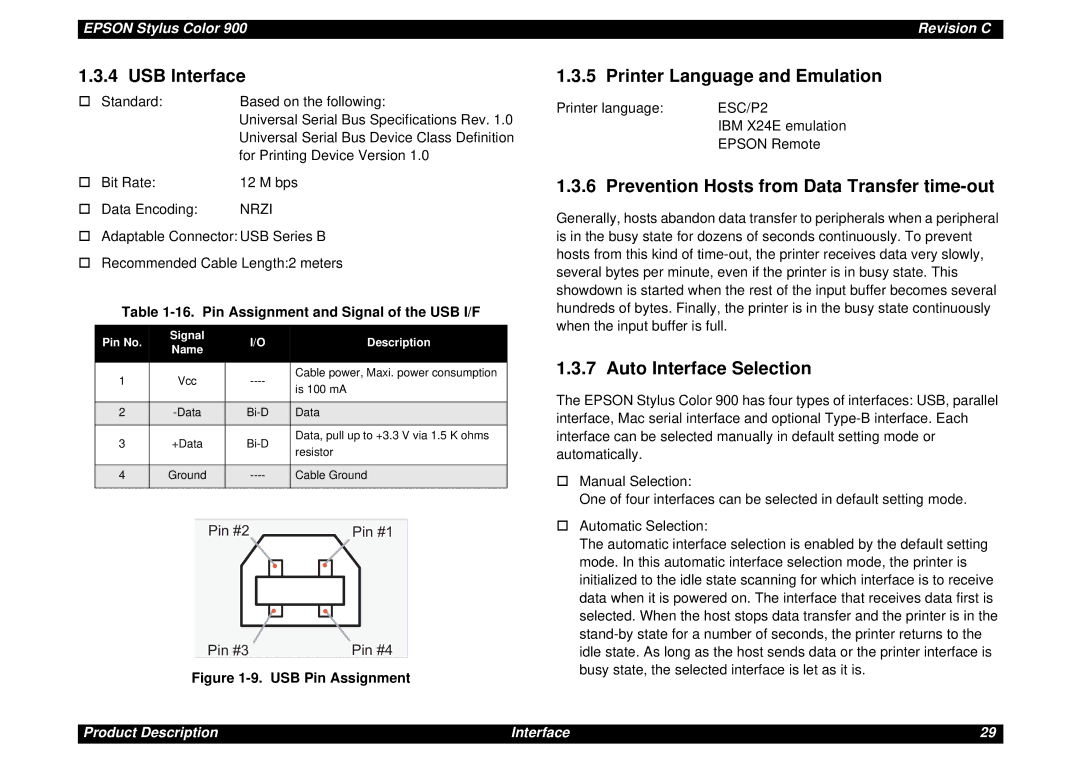 Epson SEIJ98006 manual USB Interface, Printer Language and Emulation, Prevention Hosts from Data Transfer time-out 