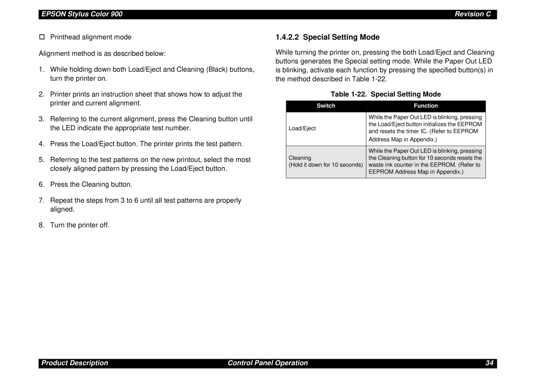 Epson SEIJ98006 manual Special Setting Mode, Switch Function 