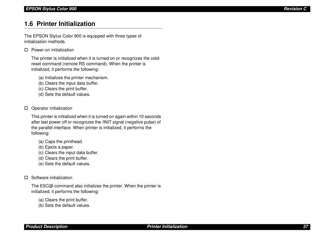 Epson SEIJ98006 manual Printer Initialization 