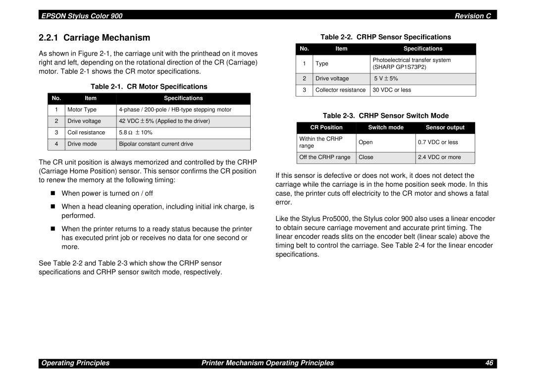 Epson SEIJ98006 manual Carriage Mechanism, CR Motor Specifications, Crhp Sensor Specifications, Crhp Sensor Switch Mode 