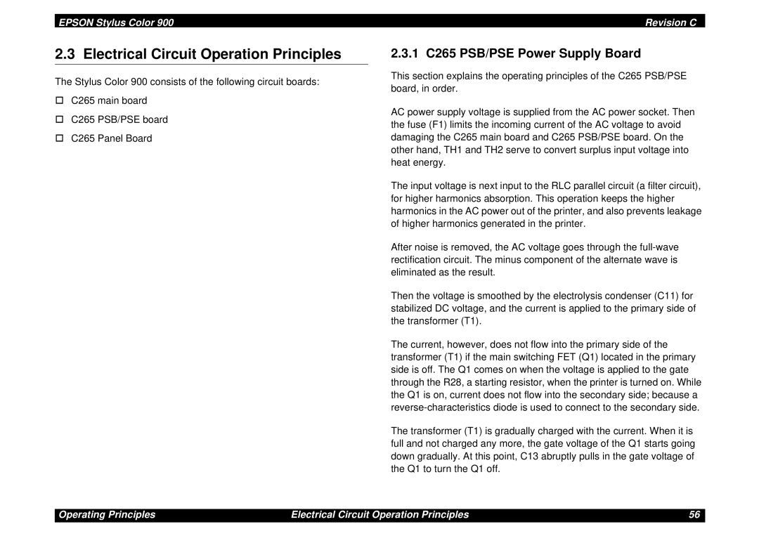 Epson SEIJ98006 manual Electrical Circuit Operation Principles, 1 C265 PSB/PSE Power Supply Board 