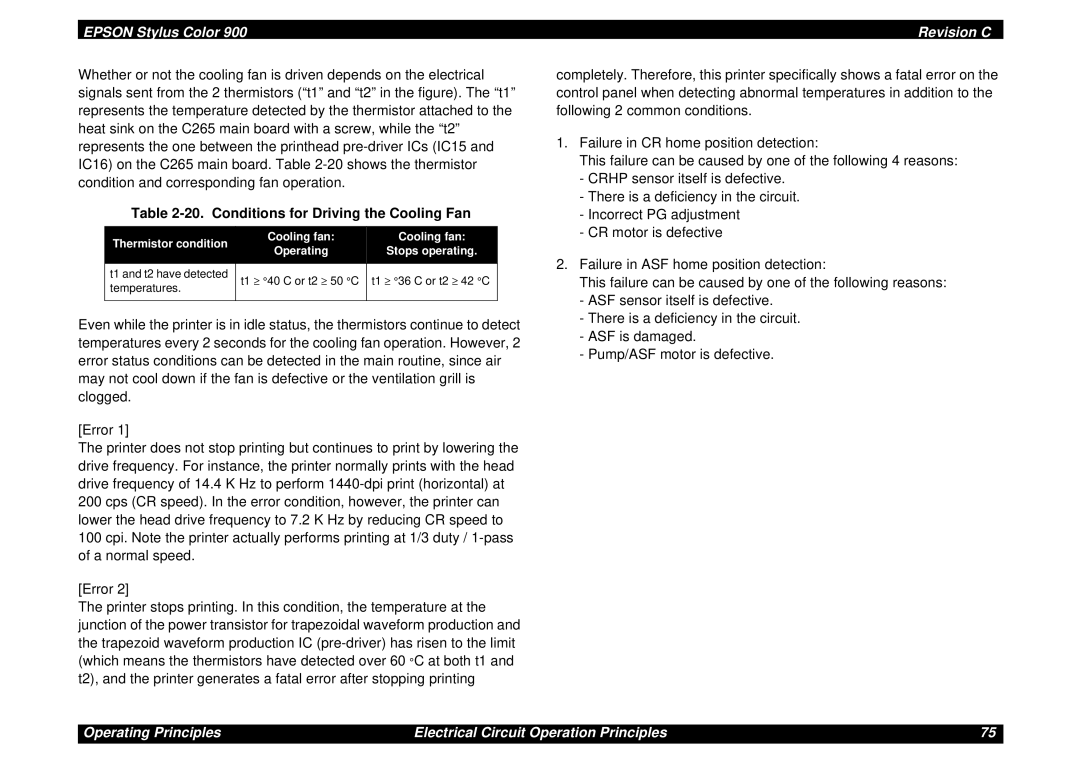 Epson SEIJ98006 manual Conditions for Driving the Cooling Fan, Thermistor condition Cooling fan Operating Stops operating 