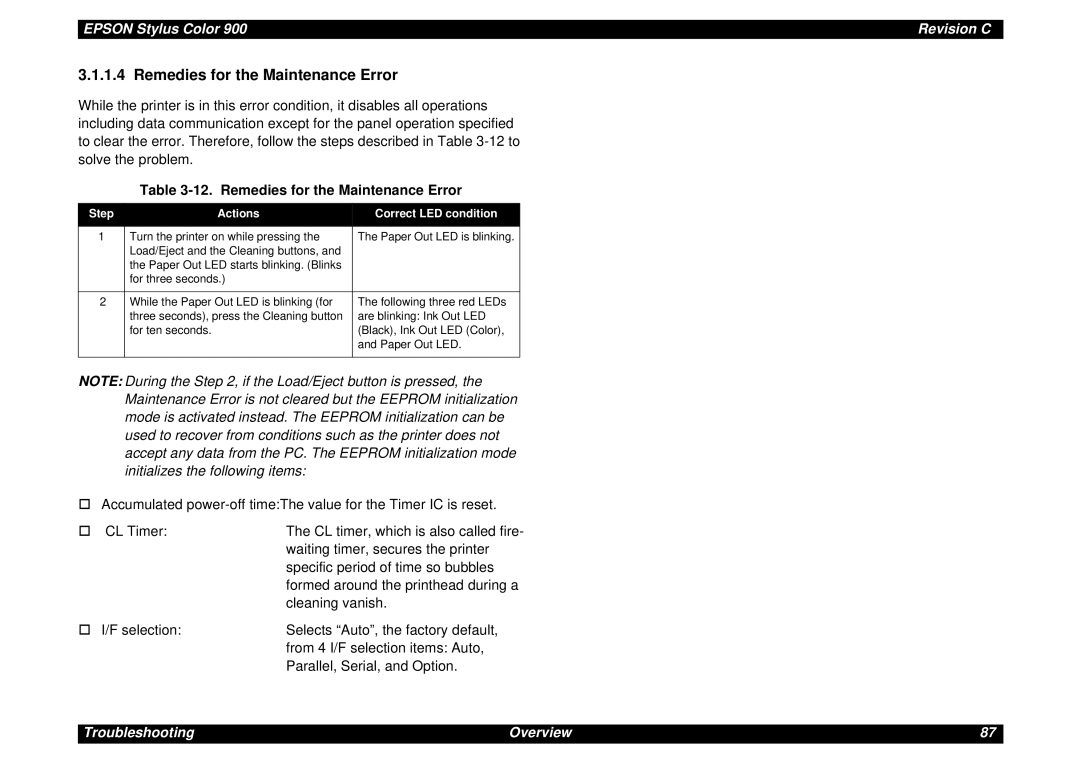 Epson SEIJ98006 manual Remedies for the Maintenance Error, Step Actions Correct LED condition 
