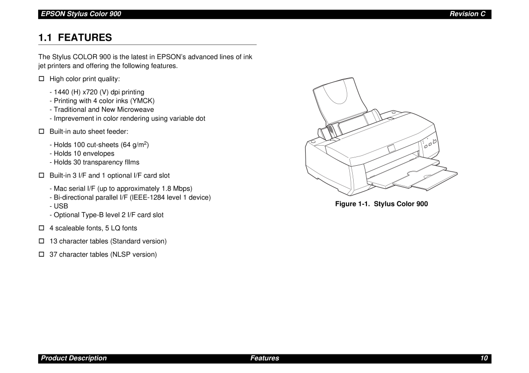 Epson SEIJ98006 manual Features, EPSON Stylus Color, Revision C, 1. Stylus Color, Product Description 