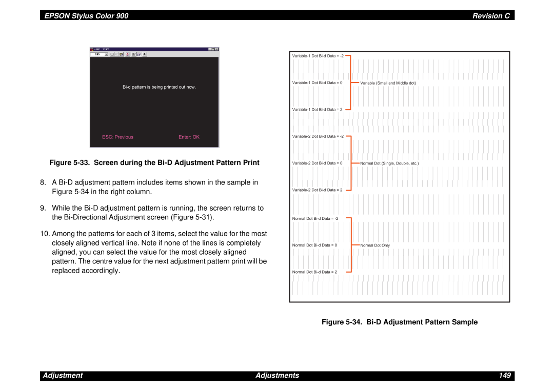Epson SEIJ98006 manual 33. Screen during the Bi-D Adjustment Pattern Print, 34. Bi-D Adjustment Pattern Sample, Revision C 