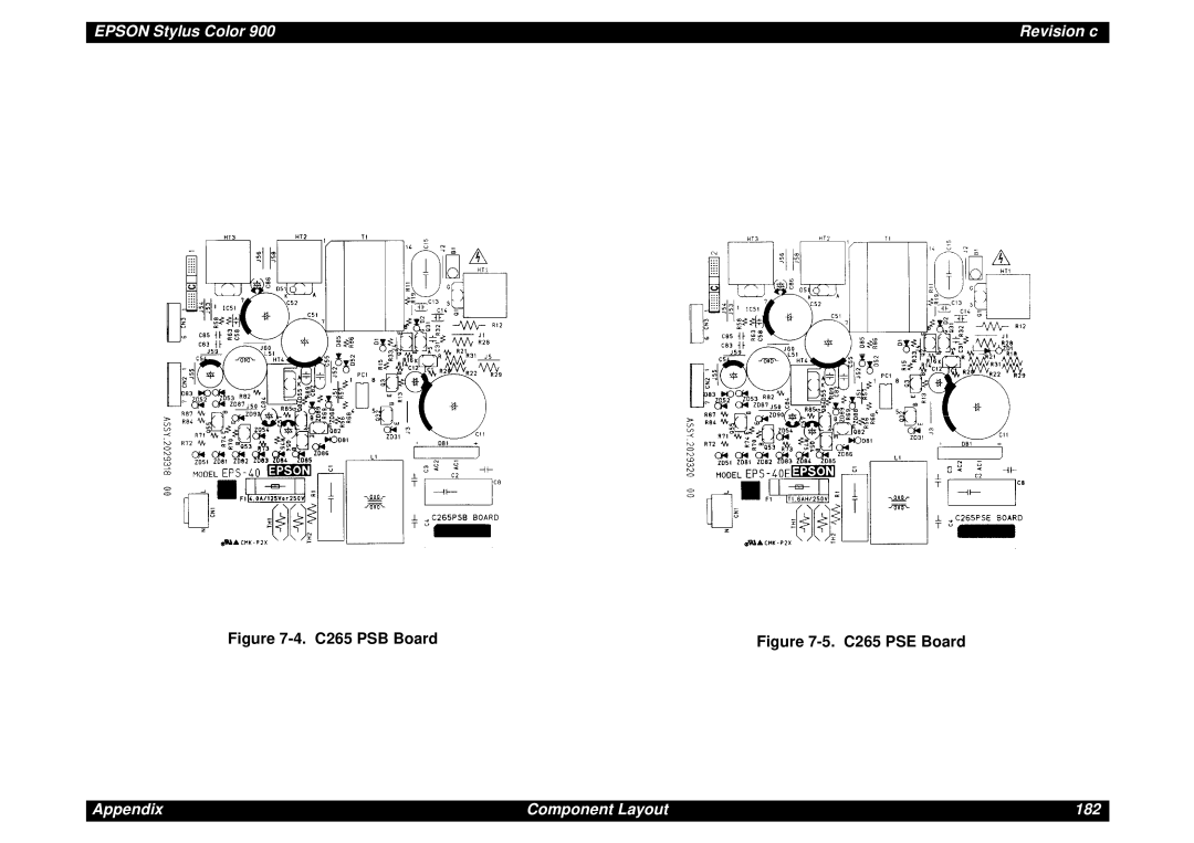 Epson SEIJ98006 manual 4. C265 PSB Board, 5. C265 PSE Board, EPSON Stylus Color, Revision c, Appendix, Component Layout 