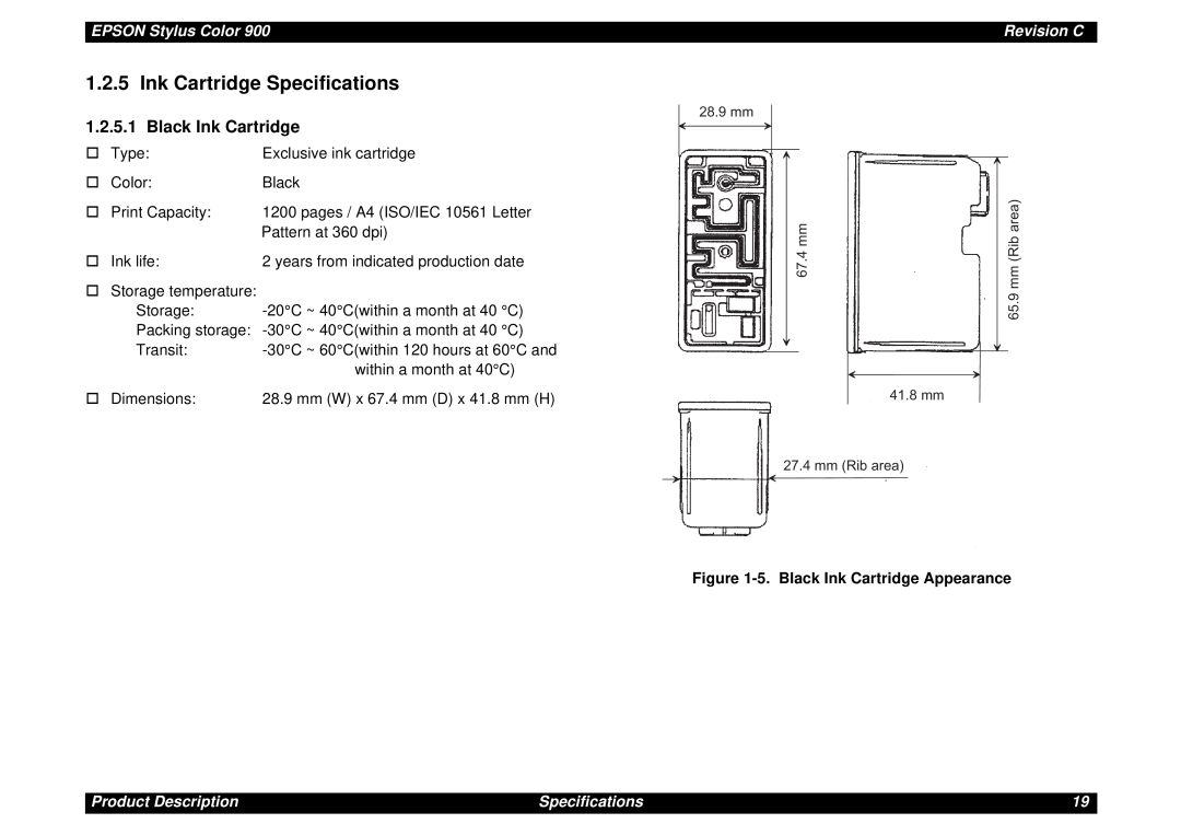 Epson SEIJ98006 manual Ink Cartridge Specifications, 1.2.5.1, 5. Black Ink Cartridge Appearance, EPSON Stylus Color 