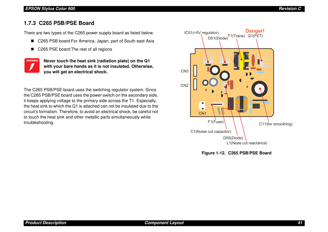 Epson SEIJ98006 manual 1.7.3 C265 PSB/PSE Board, 12. C265 PSB/PSE Board, D a n g e r, EPSON Stylus Color, Revision C 