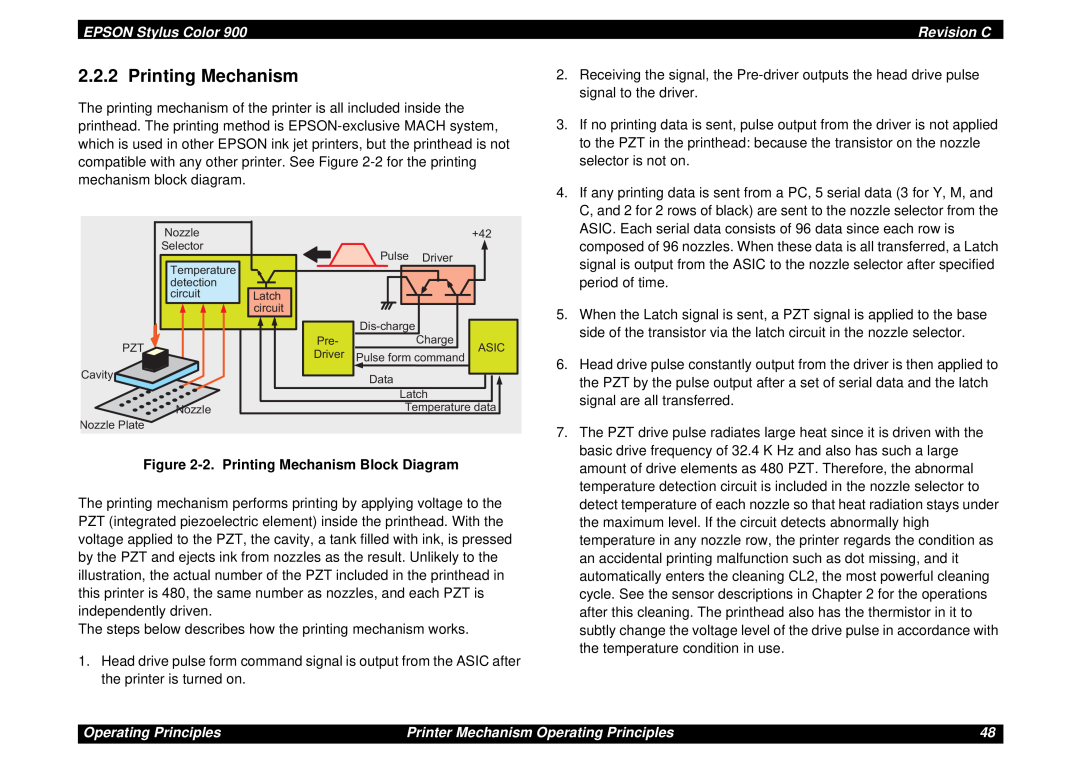Epson SEIJ98006 manual 2. Printing Mechanism Block Diagram, EPSON Stylus Color, Revision C, Operating Principles 