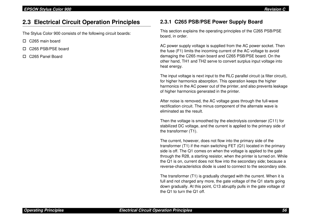 Epson SEIJ98006 manual Electrical Circuit Operation Principles, 2.3.1 C265 PSB/PSE Power Supply Board, EPSON Stylus Color 