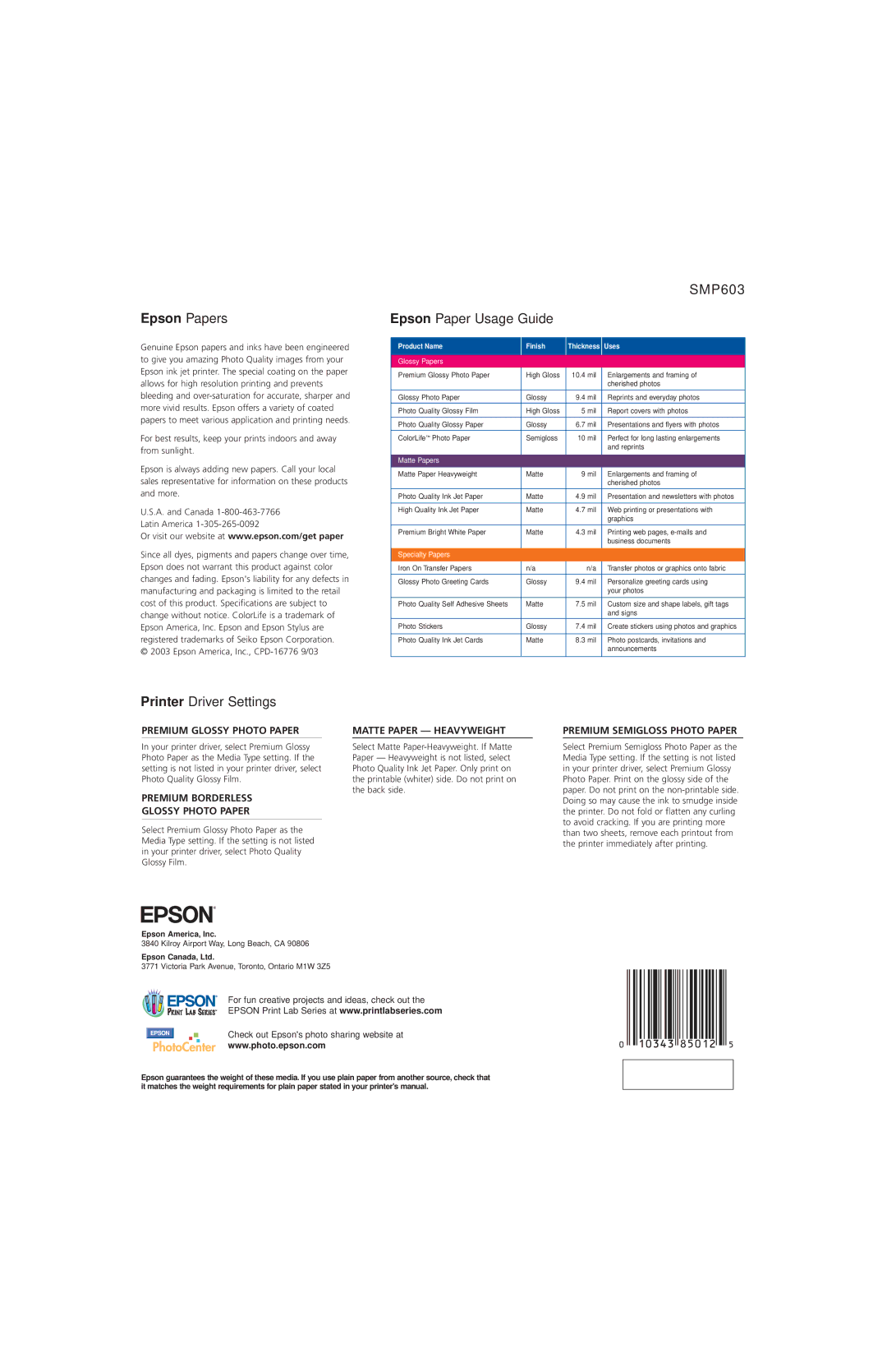 Epson manual SMP603 Epson Paper Usage Guide, Printer Driver Settings 