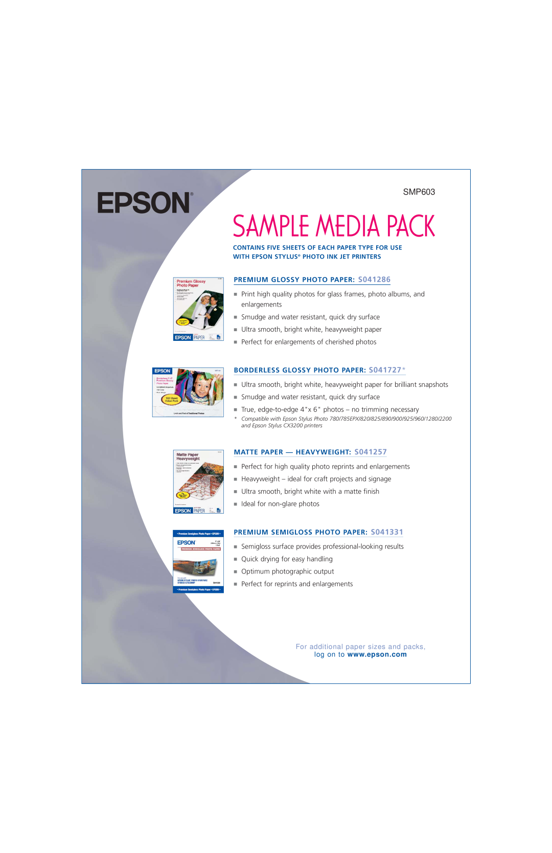 Epson SMP603 manual Sample Media Pack, PREMIUM GLOSSY PHOTO PAPER S041286, BORDERLESS GLOSSY PHOTO PAPER S041727 