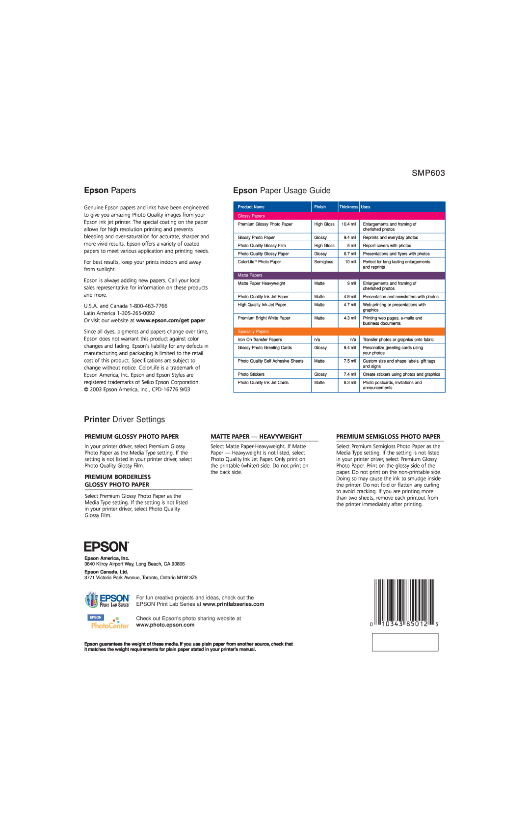 Epson manual SMP603 Epson Paper Usage Guide, Printer Driver Settings, Epson Papers, Premium Glossy Photo Paper 