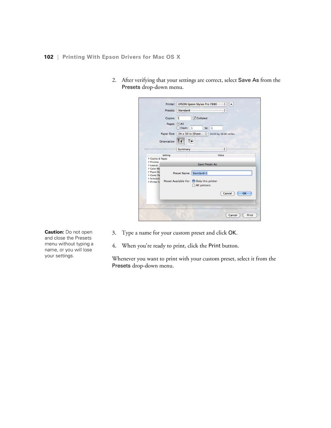 Epson SP9890K3, SP7890K3 manual Printing With Epson Drivers for Mac OS 