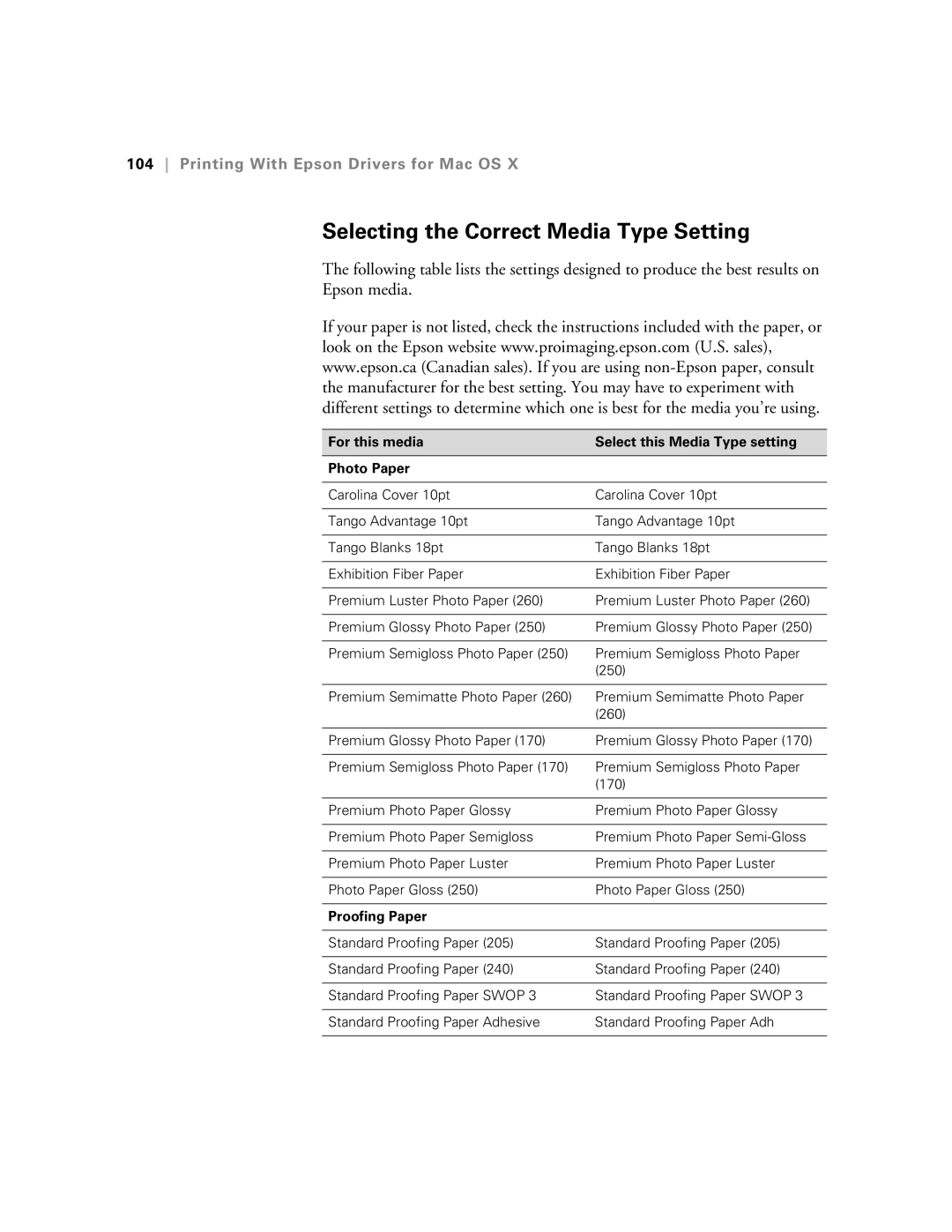 Epson SP9890K3 manual Selecting the Correct Media Type Setting, For this media Select this Media Type setting Photo Paper 