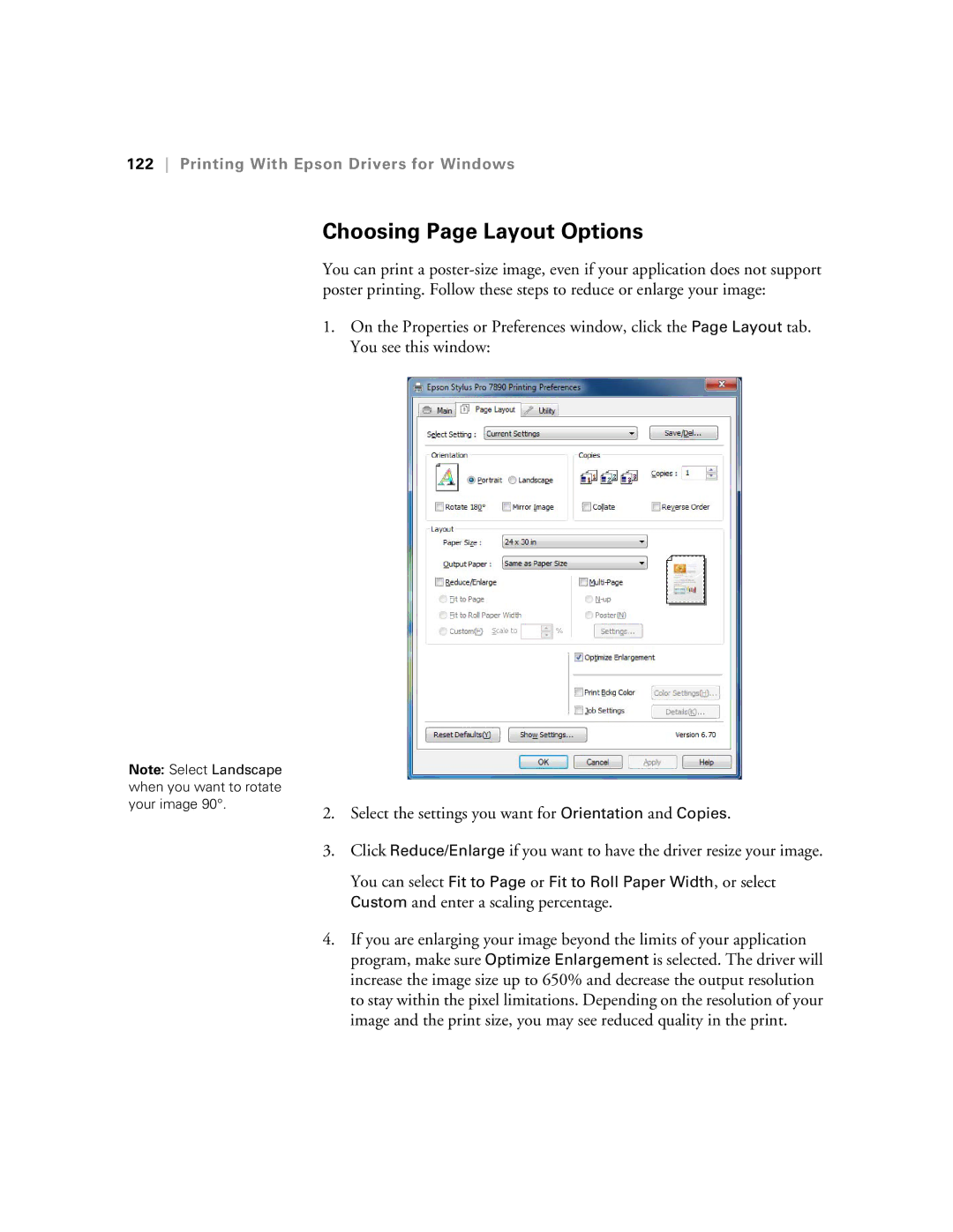 Epson SP9890K3, SP7890K3 manual Choosing Page Layout Options, Custom and enter a scaling percentage 