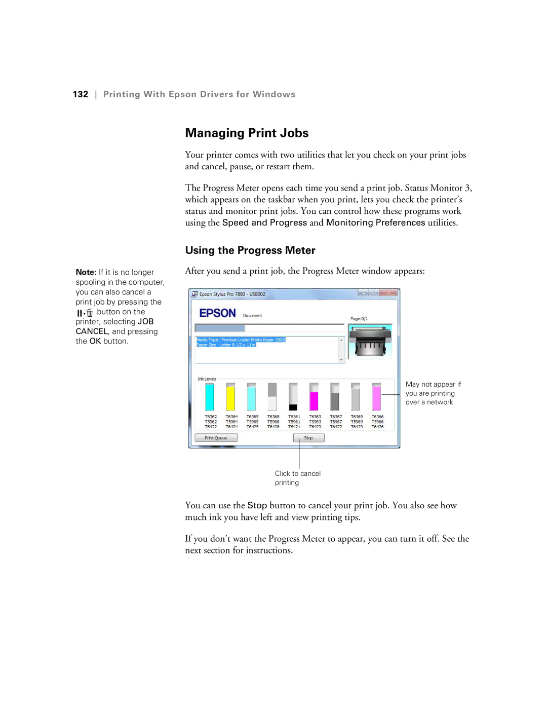 Epson SP9890K3, SP7890K3 manual Managing Print Jobs, Using the Progress Meter 