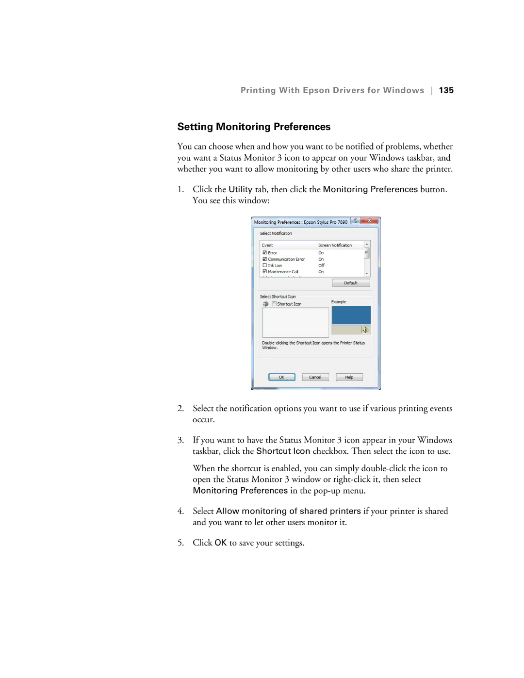 Epson SP7890K3, SP9890K3 manual Setting Monitoring Preferences 