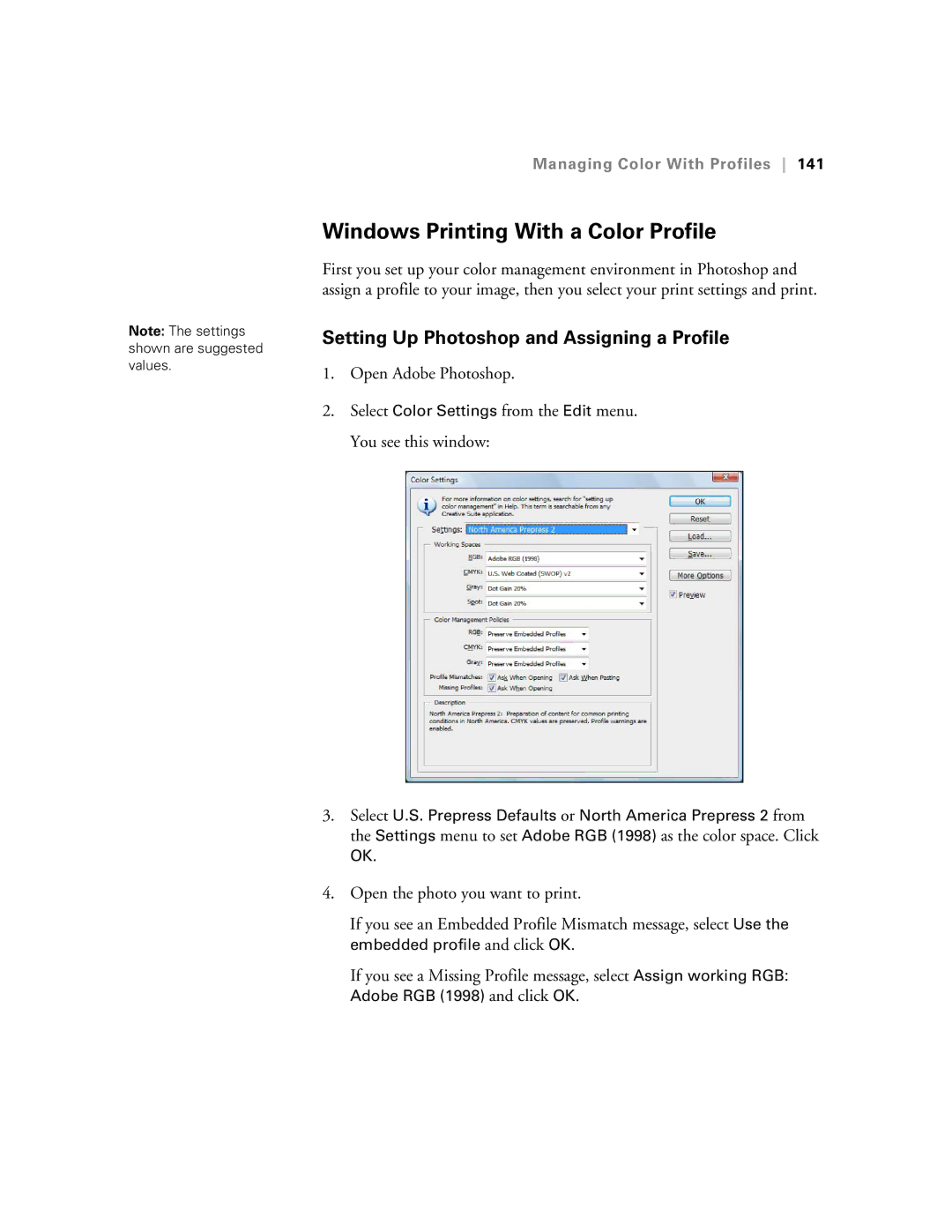 Epson SP7890K3, SP9890K3 manual Windows Printing With a Color Profile, Setting Up Photoshop and Assigning a Profile 