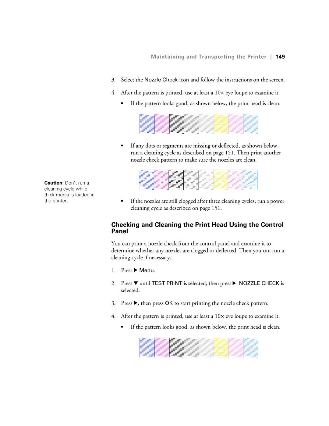 Epson SP7890K3, SP9890K3 manual Checking and Cleaning the Print Head Using the Control Panel 