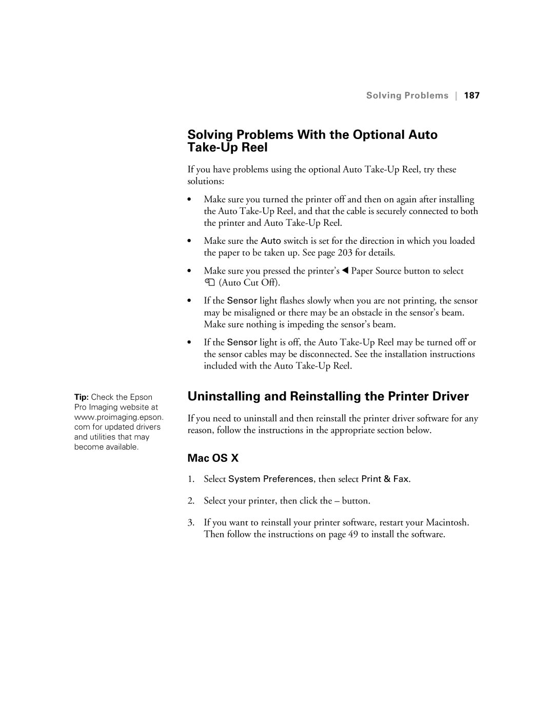 Epson SP7890K3 Solving Problems With the Optional Auto Take-Up Reel, Uninstalling and Reinstalling the Printer Driver 