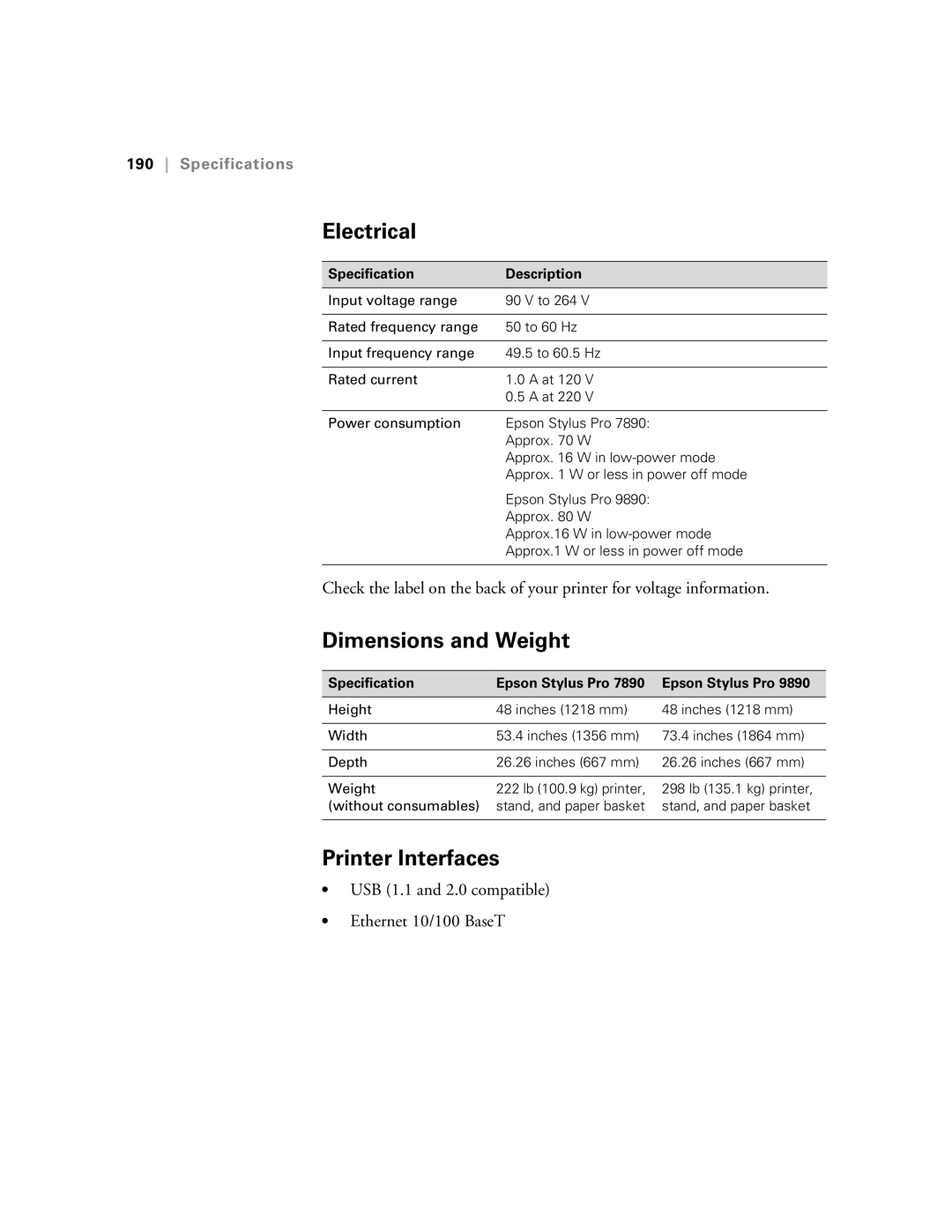 Epson SP9890K3, SP7890K3 manual Electrical, Dimensions and Weight, Printer Interfaces, Specification Description 