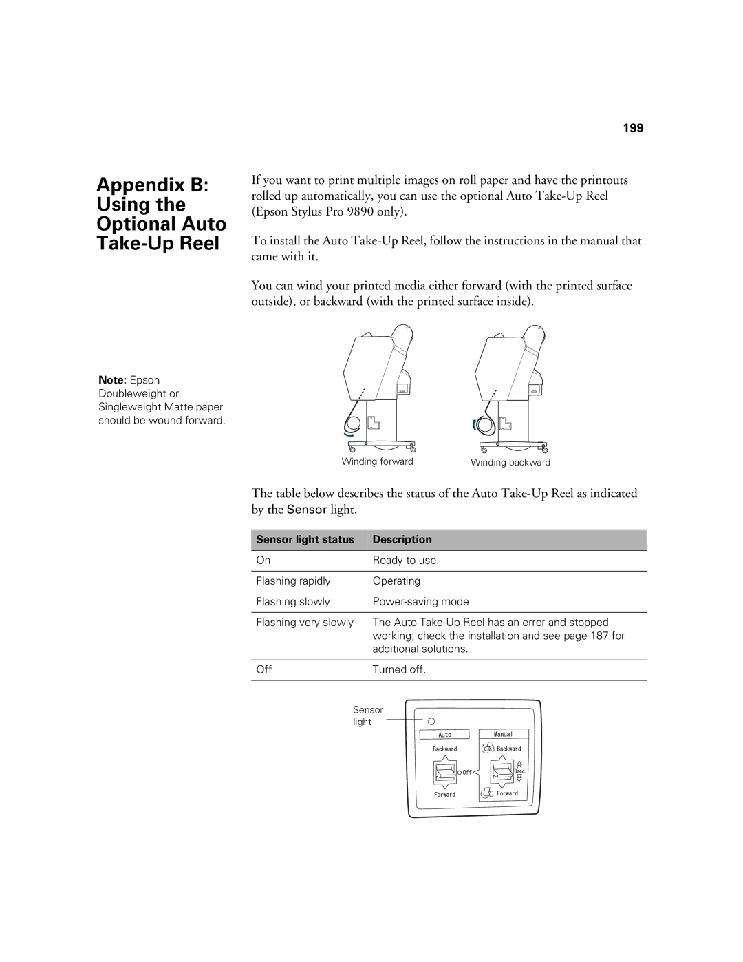 Epson SP7890K3, SP9890K3 manual Appendix B Using Optional Auto Take-Up Reel, Sensor light status Description 