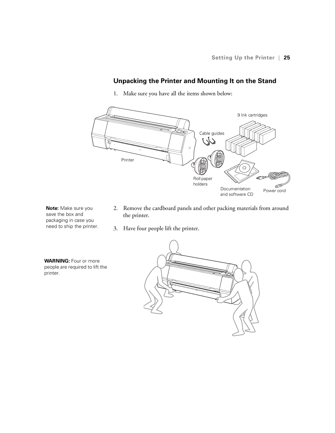 Epson SP7890K3, SP9890K3 manual Unpacking the Printer and Mounting It on the Stand 